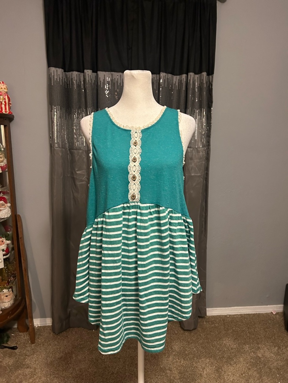 Umgee Teal and White Lace-Trim Striped Babydoll Tank